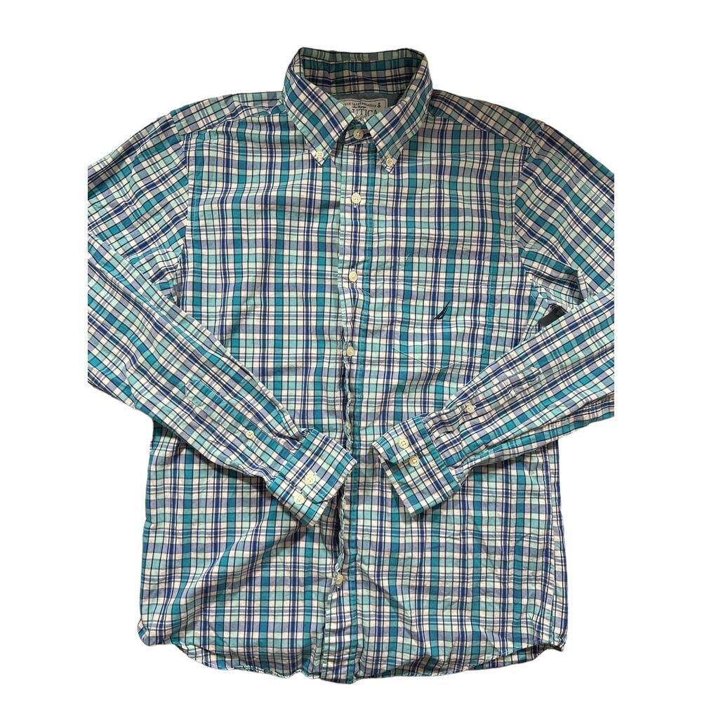 Nautica Sea Voyage Mens Blue & White Plaid Shirt Small